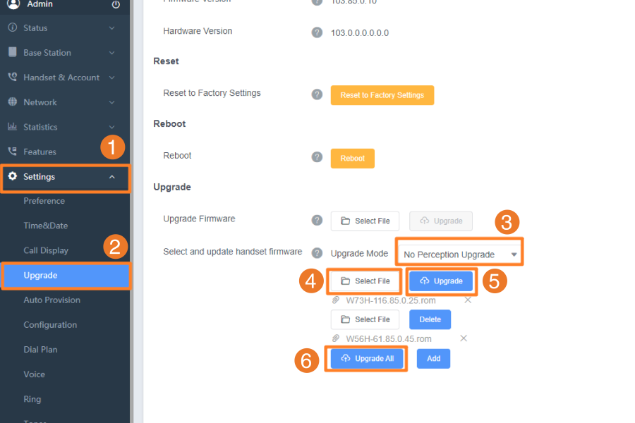 Screenshot of the Yealink W80DM web interface showing the steps to upgrade firmware. The highlighted steps include navigating to 'Settings' > 'Upgrade', selecting the upgrade mode, choosing a firmware file, and clicking 'Upgrade' or 'Upgrade All' to update handsets.