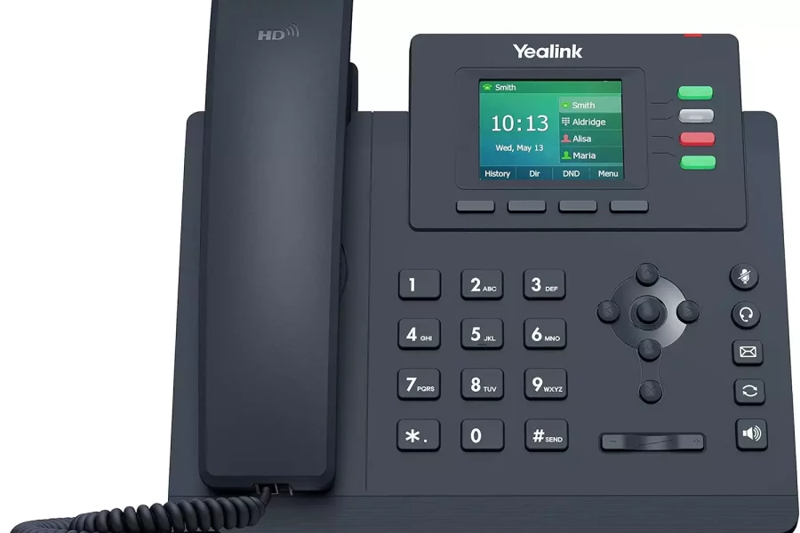 Yealink T33G desk phone with a digital display, keypad, and function buttons for easy calling.