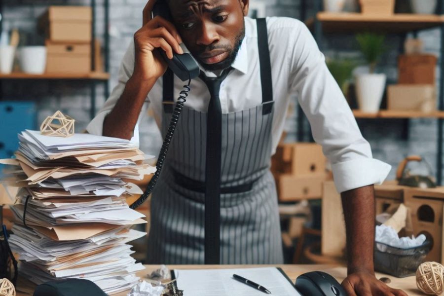 A frustrated small business owner overwhelmed with paperwork during a power outage, highlighting the hidden costs of not using a Norden UPS.