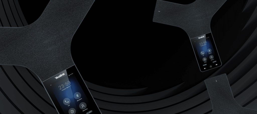 Yealink CP925 and CP965 conference phones displayed on a sleek black background with curved lines, showcasing their touchscreen interface.