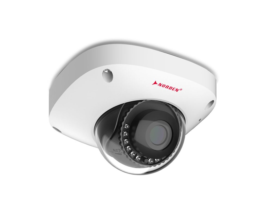 Side-angle view of a high-definition Norden dome security camera with infrared LEDs, illustrating key Norden CCTV Cameras Features for smart home and business surveillance