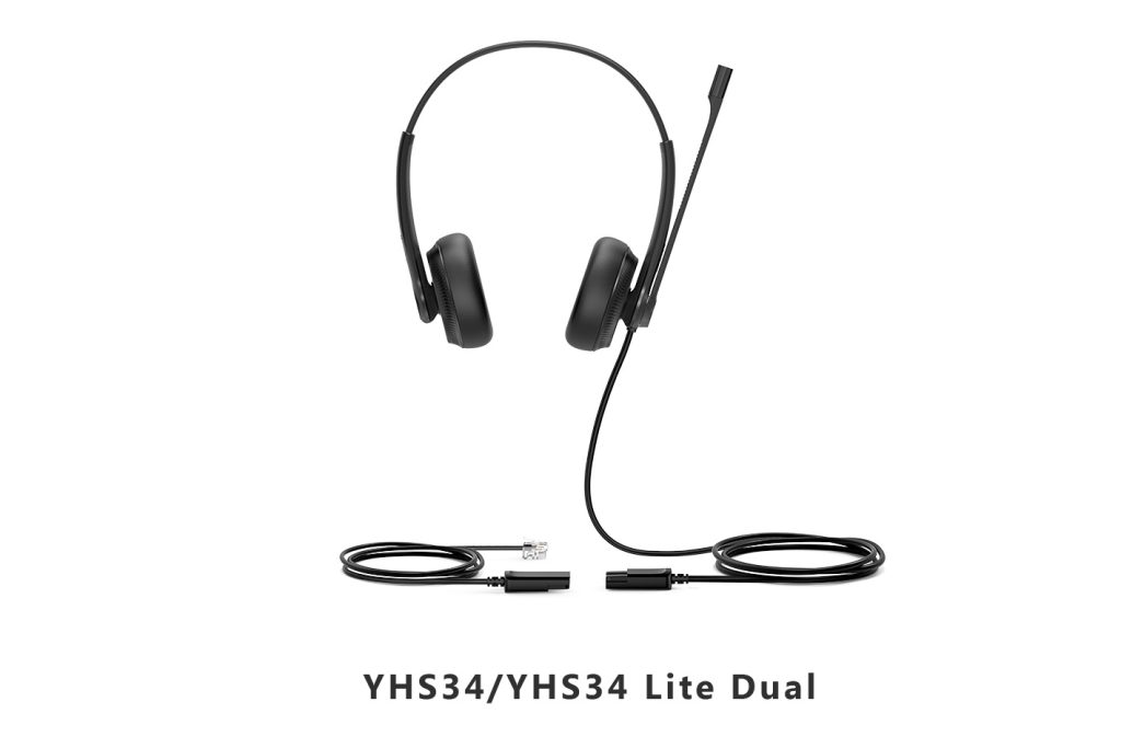 Yealink YHS34/YHS34 Lite Dual headset with a lightweight design, dual earpieces, and an adjustable noise-canceling microphone. The headset is wired and features connectors compatible with desk phones.
