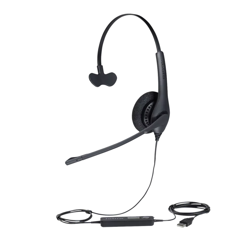 Jabra Biz 1500 Mono USB headset with a lightweight headband, single earpiece with foam padding, and a flexible noise-canceling microphone. The wired headset includes an inline control unit and a USB connector for compatibility with computers and softphones.