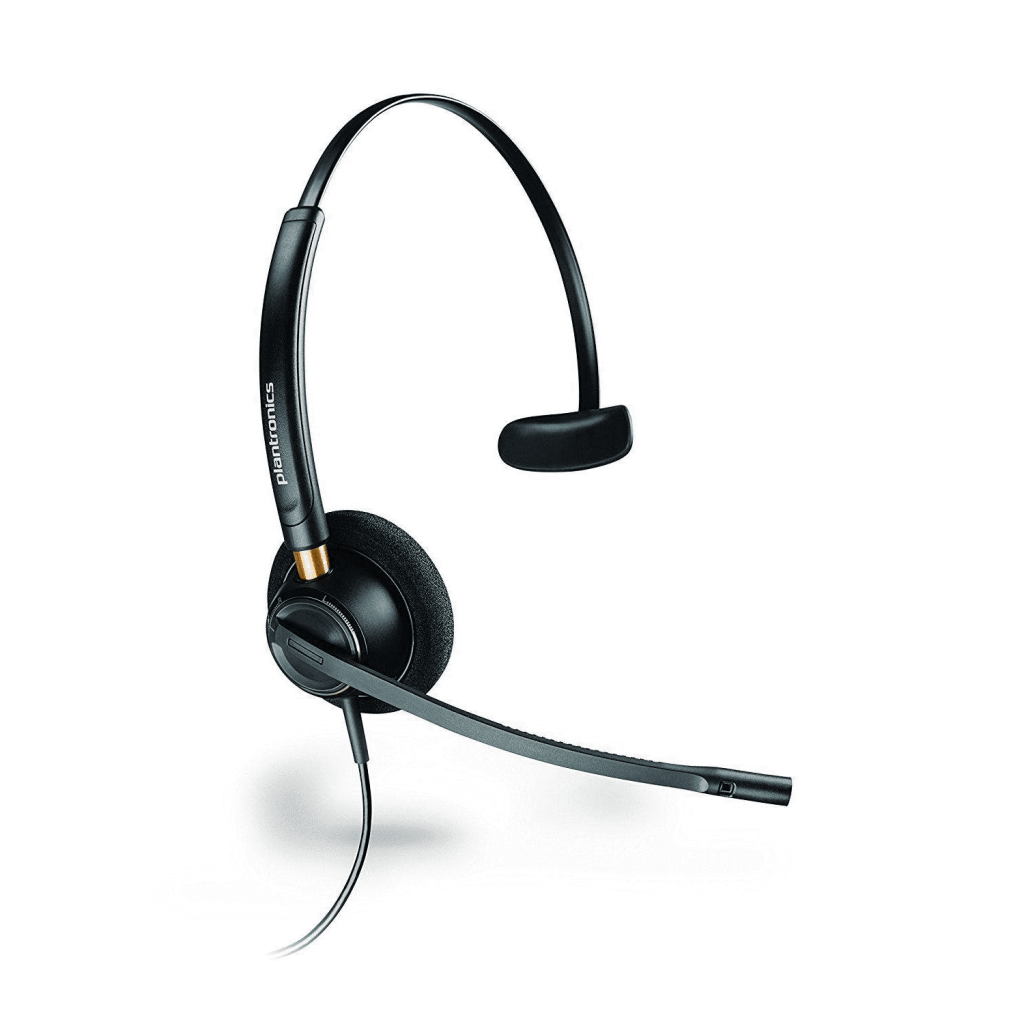A black Plantronics EncorePro HW510 headset on a gray background.