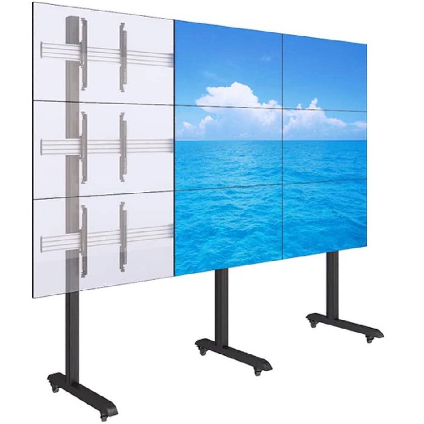 Modular video wall display system with a 3x3 screen configuration, showing a seascape image on the right six screens, and the left three screens illustrating the mounting frame structure on mobile stands.