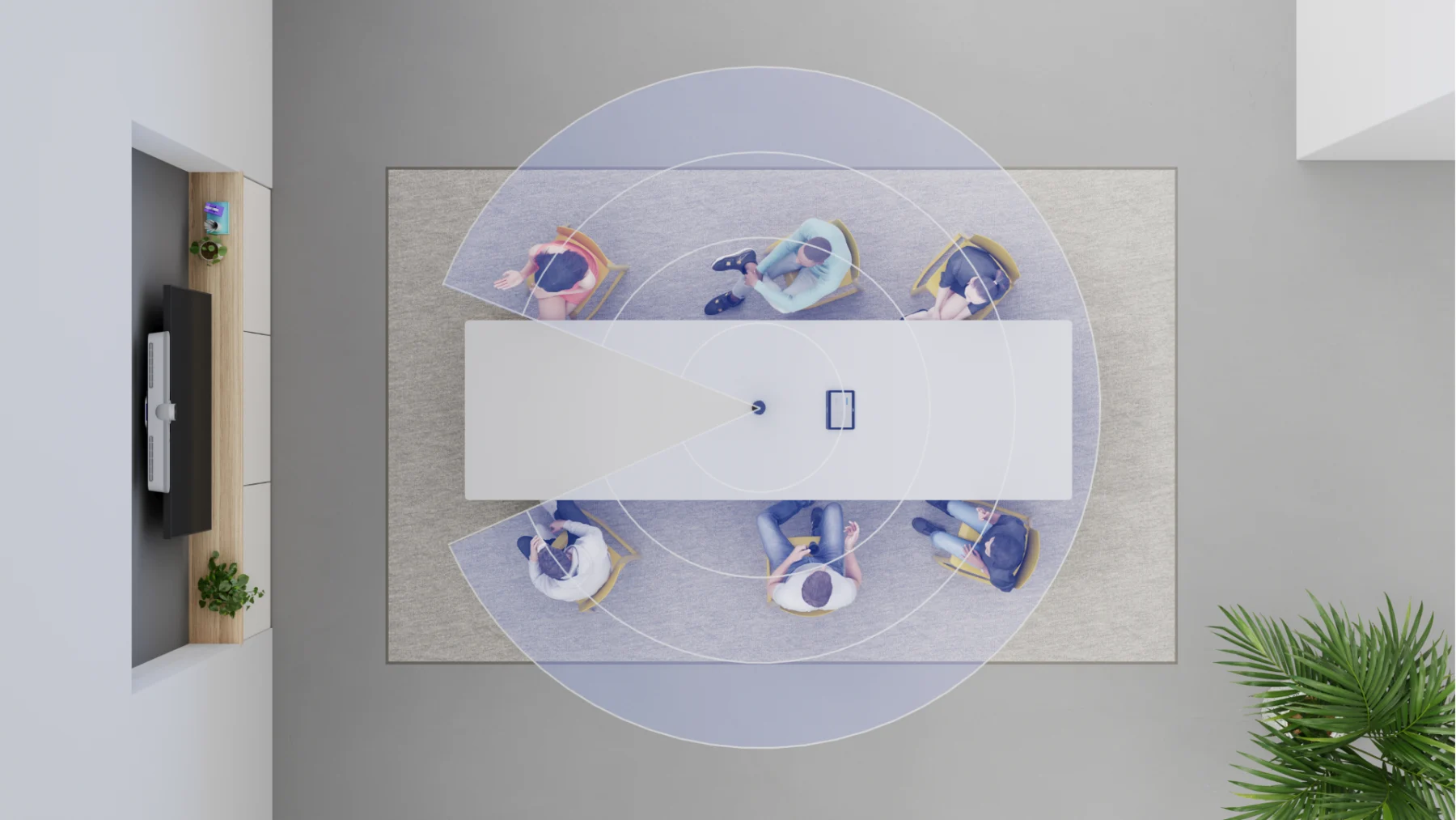 Top-down view of a hybrid meeting room with Logitech Sight capturing participants around a conference table using intelligent multi-participant framing.