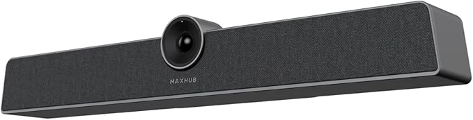 A sleek, black rectangular soundbar with a prominent central camera lens, labeled "MAXHUB" at the bottom.