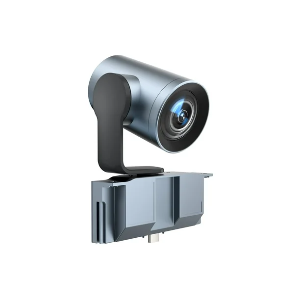 A sleek, modern, light blue and black pan-tilt-zoom (PTZ) camera is shown from a slight angle against a white background. The cylindrical camera lens is facing forward, mounted on a black arm that connects to a wider, rectangular base unit.