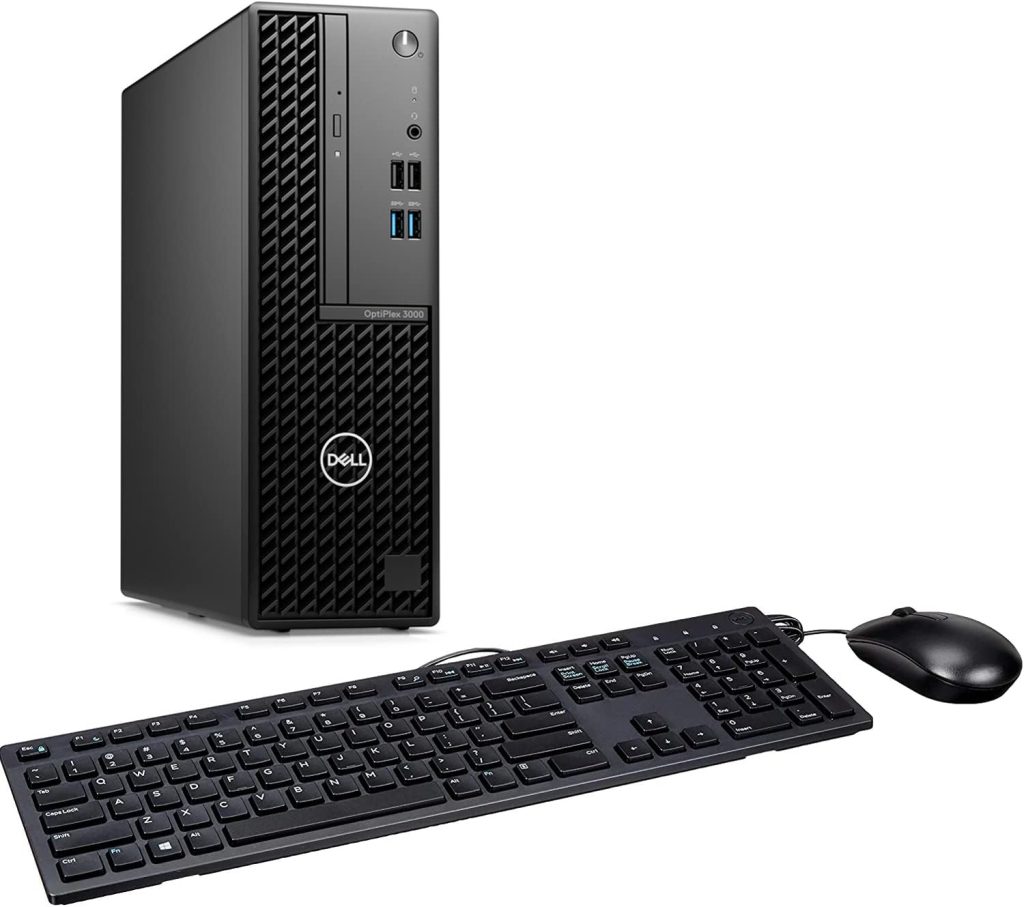 A black Dell OptiPlex 3000 desktop computer tower standing upright, positioned behind a black wired keyboard and mouse. The computer tower has a textured front panel on the left and a smooth panel on the right with various ports. The Dell logo is visible on the tower's front.