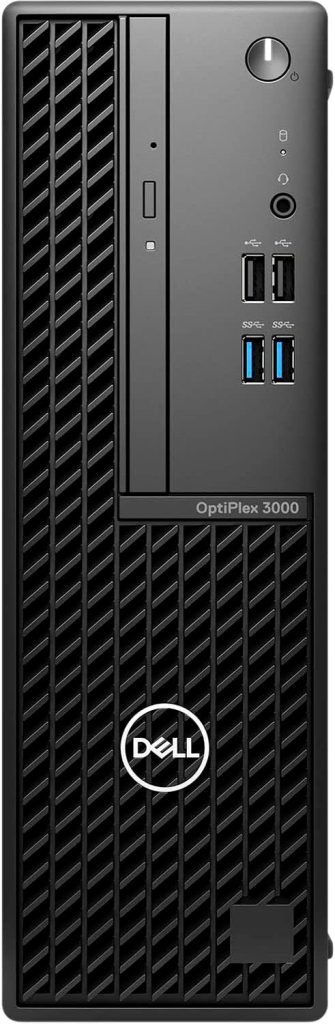 A vertical view of a black Dell OptiPlex 3000 desktop computer. The front panel features a textured, slatted design on the left, and a smooth section on the right with various ports including USB ports, a headphone jack, and a power button at the top. The Dell logo is visible near the bottom of the textured section.