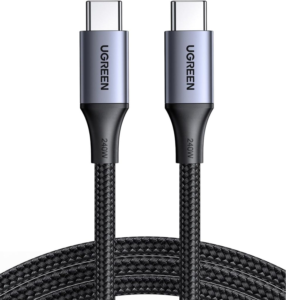 A close-up shot of a black braided UGREEN 240W USB-C to USB-C cable, showcasing its two silver-grey connector heads.