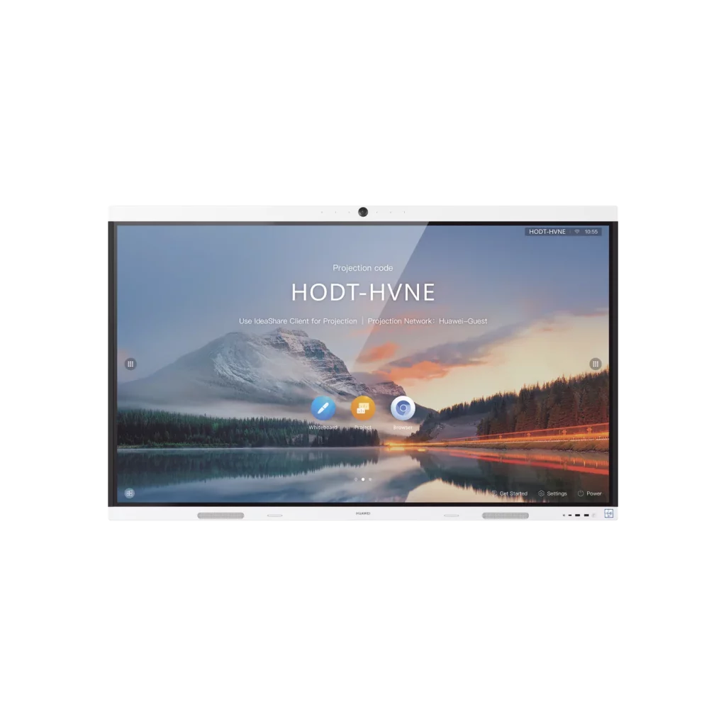 A large interactive display screen with a wide white bezel is presented against a black background. The screen showcases a serene landscape of a lake mirroring a sunset sky and snow-capped mountains. Overlaid on the image, the text "Projection code" and "HODT-HVNE" are prominent. Below this, instructions read: "Use IdeaShare Client for Projection | Projection Network: Huawei-Guest". Near the bottom center, there are two large, circular application icons: a white one with a blue pen labeled "Whiteboard" and a purple one with a browser symbol labeled "Browser". A small camera is visible at the top center of the display's bezel. The top right corner displays "HODT-HVNE" and "10:55".