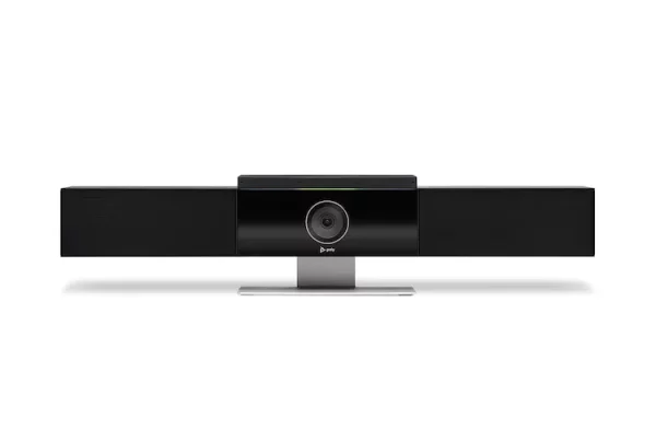 A full-frame, front-facing view of a black Poly Studio USB conference camera and soundbar, centered against a clean white background. The device features a central camera unit with a prominent silver-ringed lens and the "poly" logo below it. This central unit is flanked on either side by long, rectangular black speaker grilles with a textured finish. The entire unit is supported by a sleek, silver rectangular stand with a flat base. A thin, horizontal light strip above the camera unit glows green.