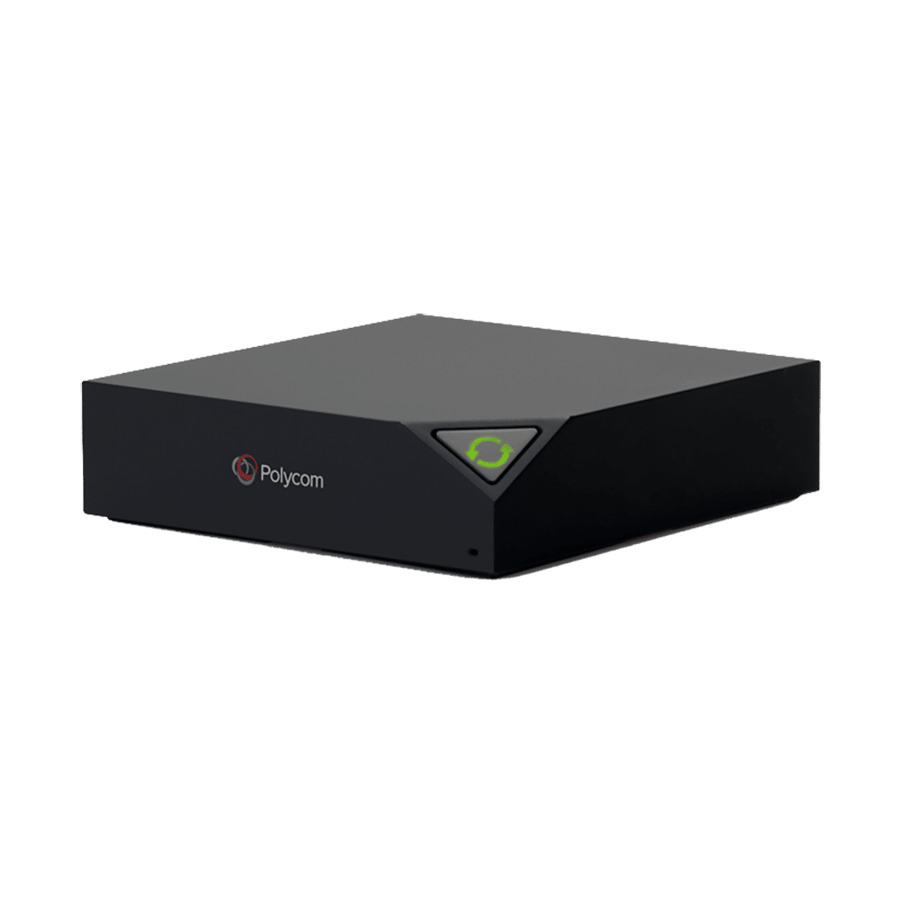 A black, rectangular Polycom RealPresence Trio Visual+ device with a green illuminated power symbol on its top right corner.