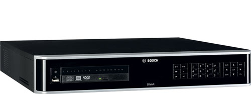 A black Bosch DVAR digital video recorder, with a silver trim around the front panel. On the left side of the front panel is a DVD drive and a USB port. On the right side, there are several control buttons and a numerical keypad.