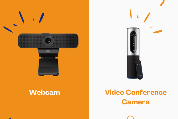 A split image showing two Logitech products. On the left, against an orange background, is a black Logitech webcam with "Webcam" written below it. On the right, against a light gray background, is a Logitech video conference camera with a remote, and "Video Conference Camera" written below it, along with a "PROMALLESHOP" logo.