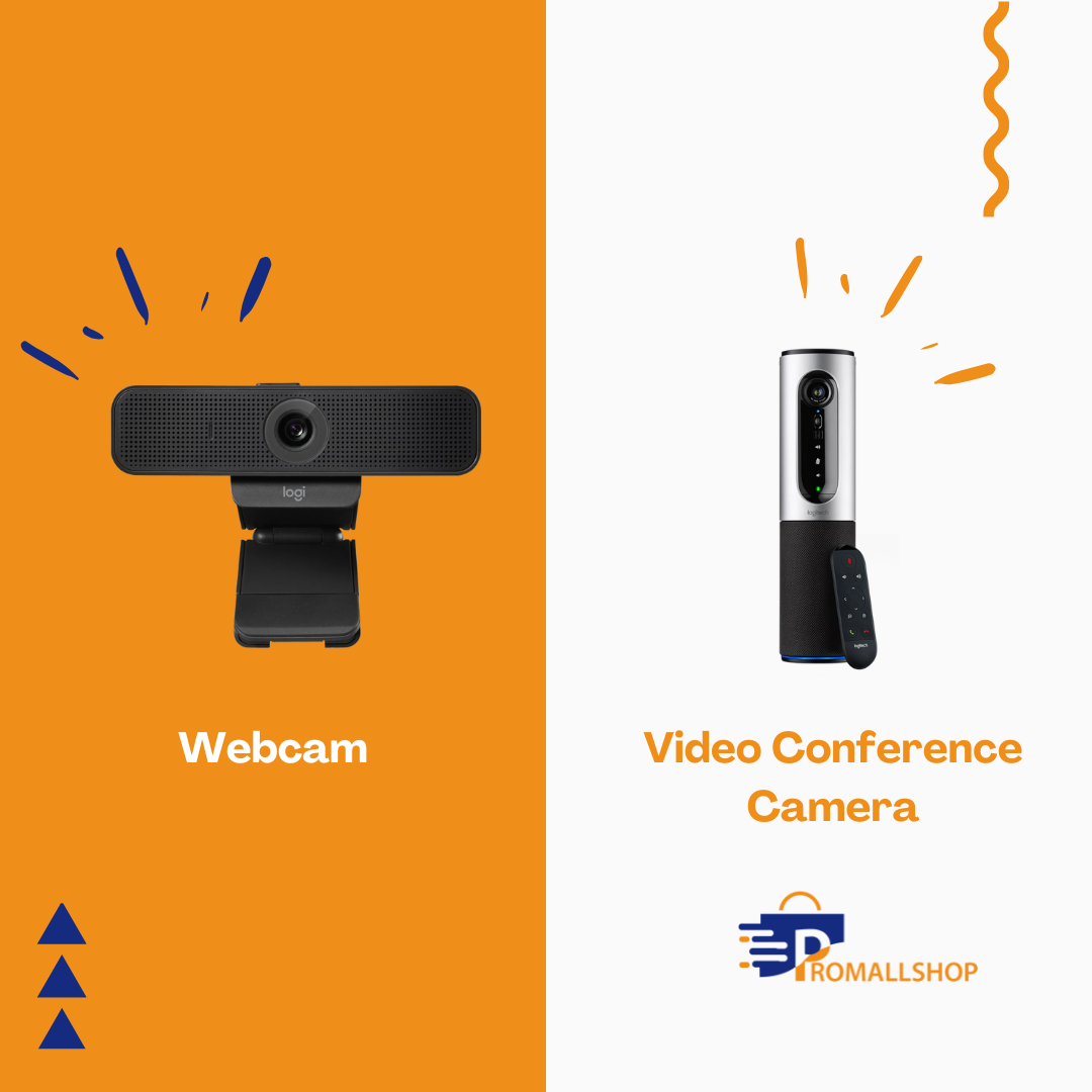 A split image showing two Logitech products. On the left, against an orange background, is a black Logitech webcam with "Webcam" written below it. On the right, against a light gray background, is a Logitech video conference camera with a remote, and "Video Conference Camera" written below it, along with a "PROMALLESHOP" logo.