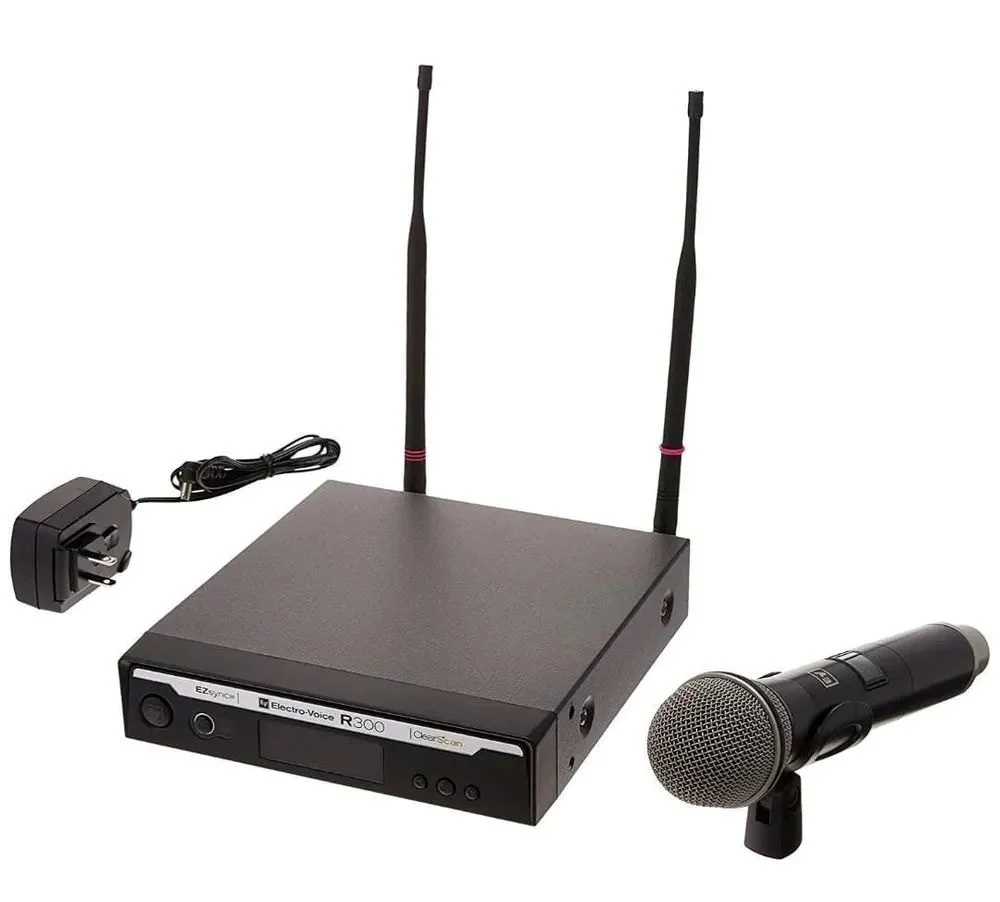 A black Electro-Voice R300-HD Wireless Handheld Microphone System, consisting of a rectangular receiver with two tall antennas, a black handheld microphone with a silver grille, and a black power adapter.