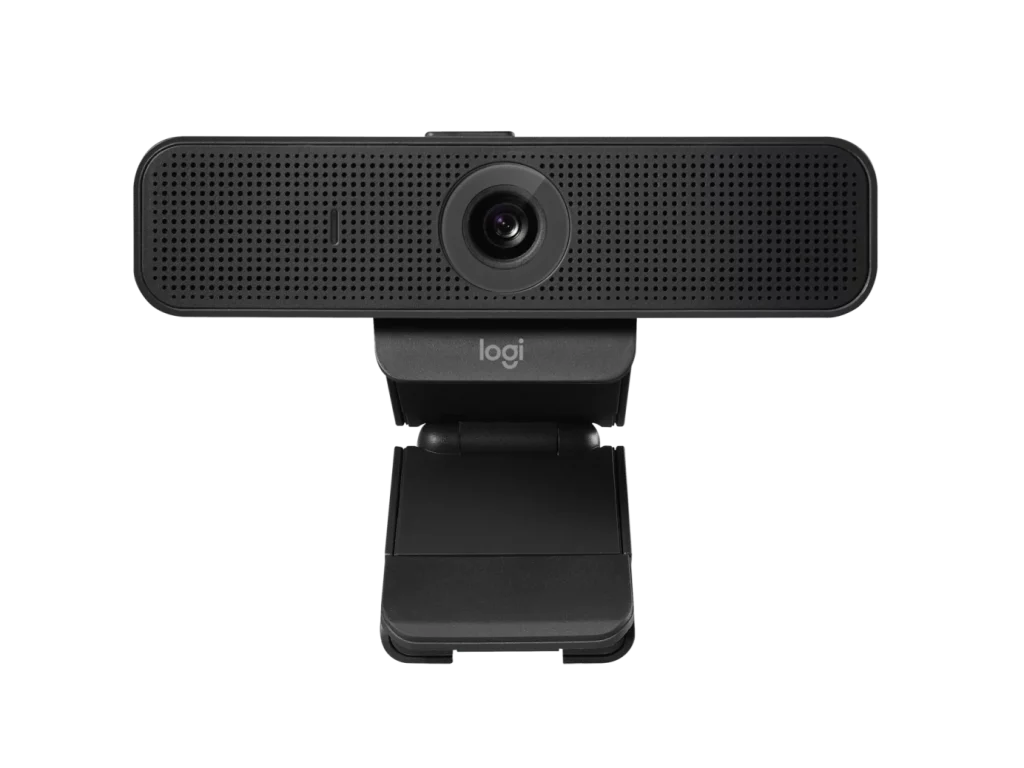 A close-up shot of the Logitech Webcam C925e, showing its sleek, black design and the prominent Logitech logo.