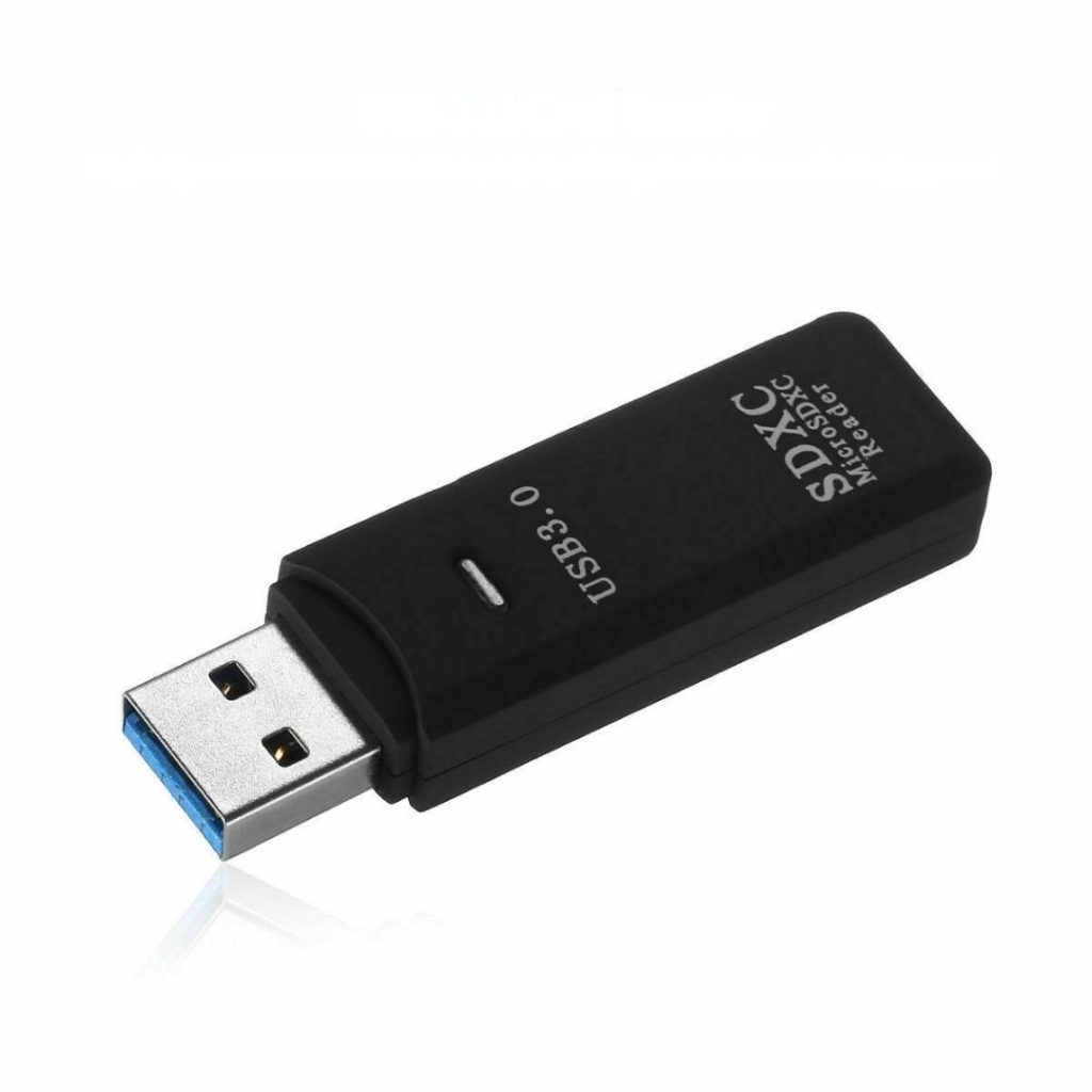 A black USB 3.0 card reader with "USB 3.0" and "SDXC MicroSDXC Reader" printed on its side, against a white background.