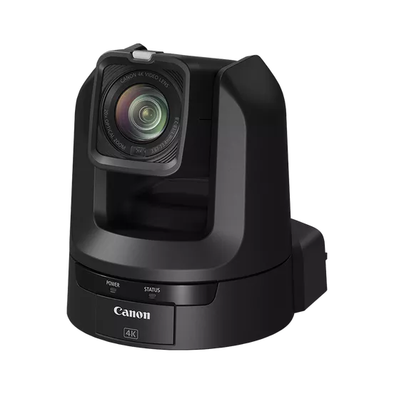 A three-quarter view of the black Canon CR-N300 4K PTZ camera against a dark background.