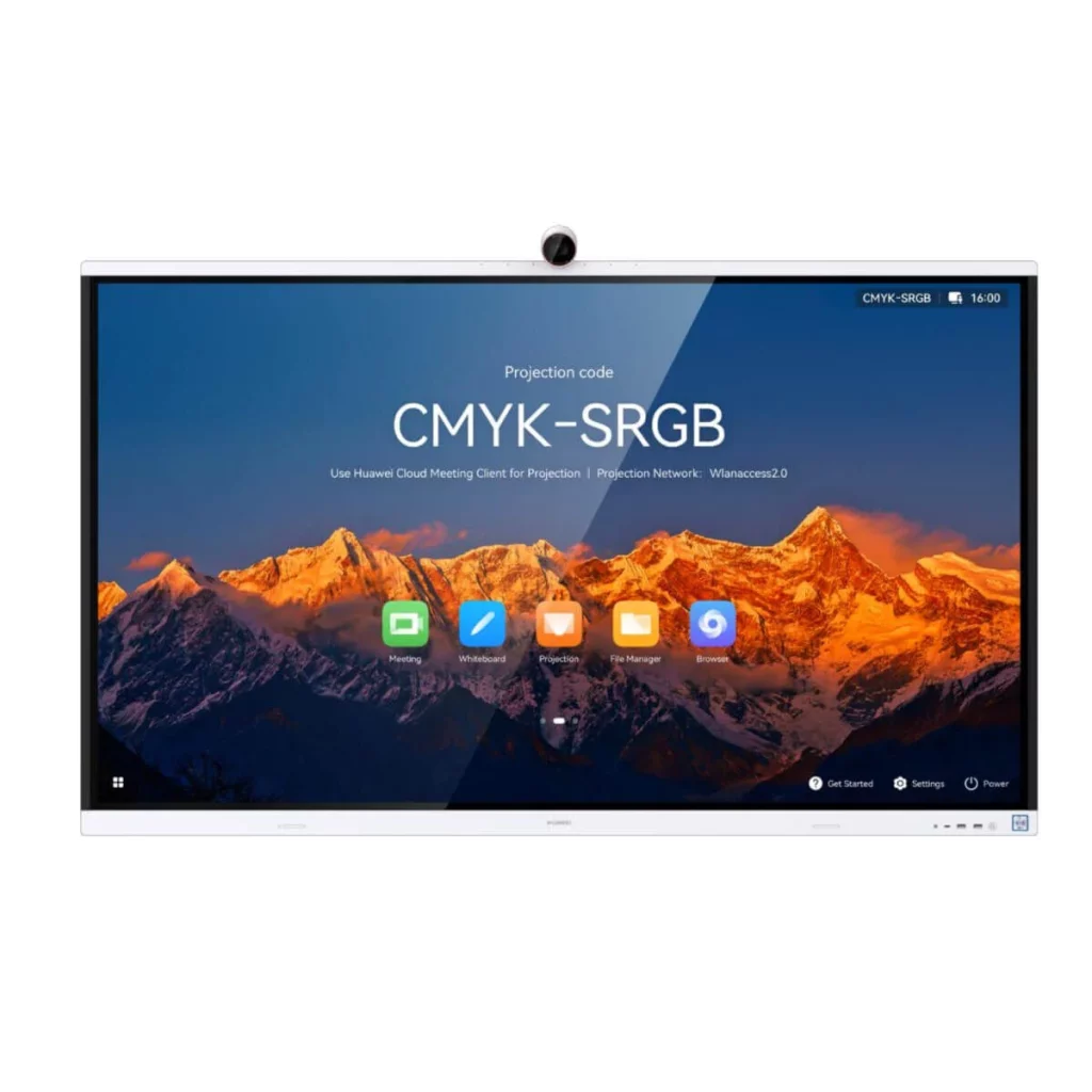 A full-frame close-up of a large interactive display screen with a white bezel. The screen displays a vivid landscape image of mountains under a twilight sky. Overlaid on the image are text elements including "Projection code" and "CMYK-SRGB", along with instructions to "Use Huawei Cloud Meeting Client for Projection | Projection Network: Wfanaccess2.0". Below the text, there are five prominent application icons: "Meeting", "Whiteboard", "Projection", "File Manager", and "Browser". A small camera is centered at the top of the display's bezel. The top right corner shows "CMYK-SRGB" and "16:00".