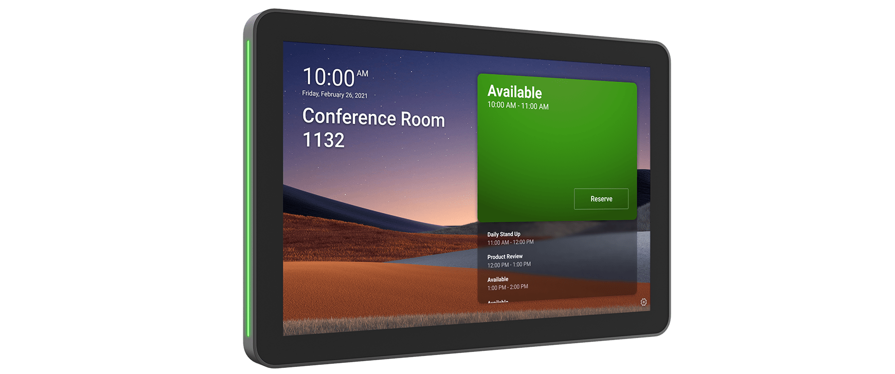 A Logitech Tap Scheduler device for a meeting room. The screen shows the time as 10:00 AM and identifies the room as "Conference Room 1132". A large green box indicates the room is "Available" from 10:00 AM to 11:00 AM with a "Reserve" button. The schedule for the rest of the day is listed below. The device has a green light on the left side, signaling availability.