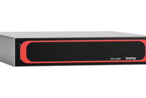 A front-facing shot of a black audio amplifier with a red and black faceplate. The amplifier has "AMP-A460H" and "biamp" printed on the front in white text.