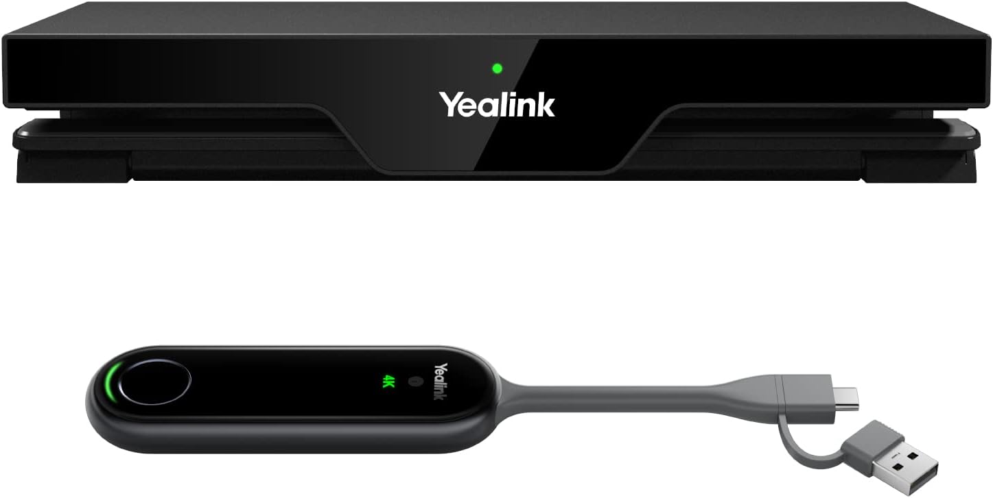 A close-up of a Yealink wireless presentation system, featuring a rectangular black hub with "Yealink" printed in white on the front and a green LED light above it, and a sleek, black, oval-shaped dongle below it. The dongle, also labeled "Yealink 4K", has a glowing green ring around a circular button on its left, a green LED light in the center, and a grey cable extending to the right, splitting into a USB-C and a USB-A connector.