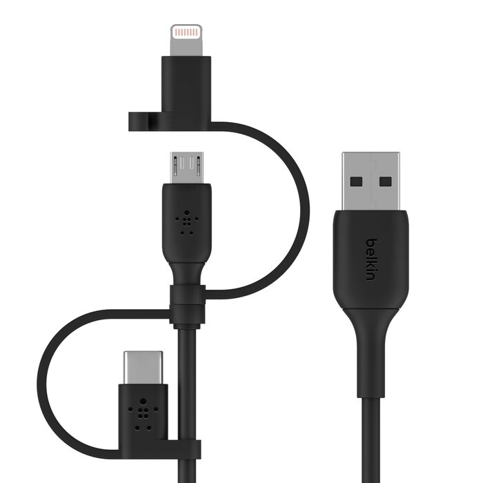 A top-down shot on a white background shows a black Belkin 3-in-1 universal charging cable with its different connectors splayed out. On the right, the main cable terminates in a USB-A connector with "Belkin" written vertically on its side. To the left, the main cable splits into three short, flexible tethers, each ending in a different connector: a Lightning connector at the top, a Micro-USB connector in the middle, and a USB-C connector at the bottom. The Lightning and USB-C connectors are attached to their tethers by small, round black rings, allowing them to swing freely.