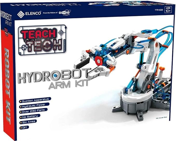 A slightly angled shot of the retail box for the "Hydrobot Arm Kit." The box is predominantly white with a dark blue top and sides, and red text running vertically on the left side that says "ROBOT KIT." The front of the box features a large image of the assembled white and gray robotic arm with orange and translucent blue accents. Above the arm, in a stylized red and white graphic, it says "TEACH TECH," and below the arm, in large gray letters, is "HYDROBOT ARM KIT." A bulleted list of features is on the bottom left: "Suction Apparatus," "Hydraulic Power," "Over 230 Parts," "No Battery," "Six Axes," and "DIY." The top right corner indicates "AGE 10+" and "ELENCO From the Makers of SNAP CIRCUITS®."