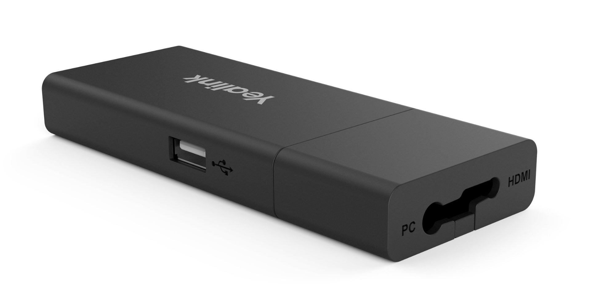 A black, rectangular Yealink device with a USB-A port on one side and "PC" and "HDMI" ports on the other, shown at an angle against a white background.