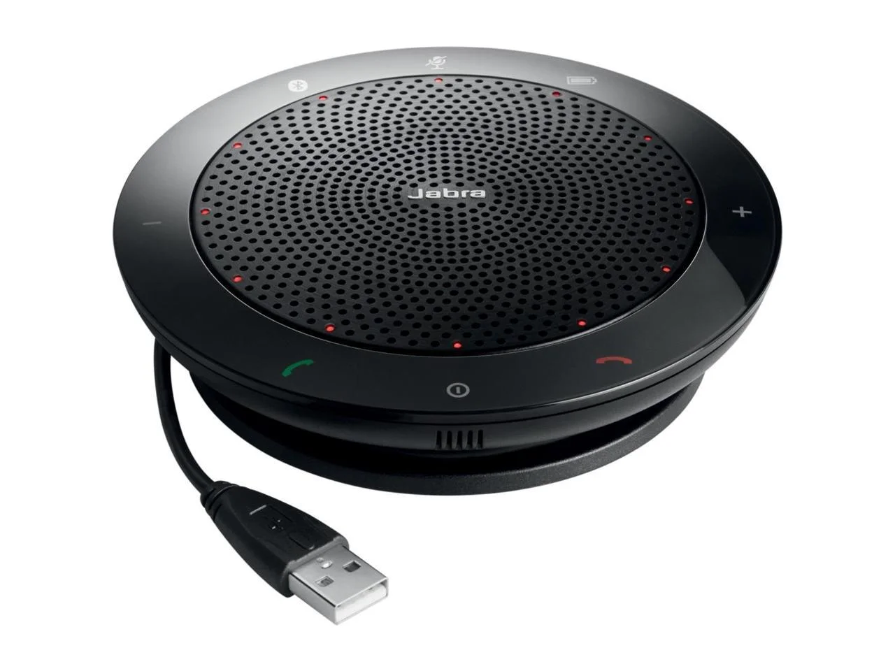 A black, circular Jabra Speak 510 speakerphone with a perforated grille and various control icons illuminated in red and green, connected to a USB cable, shown against a white background.