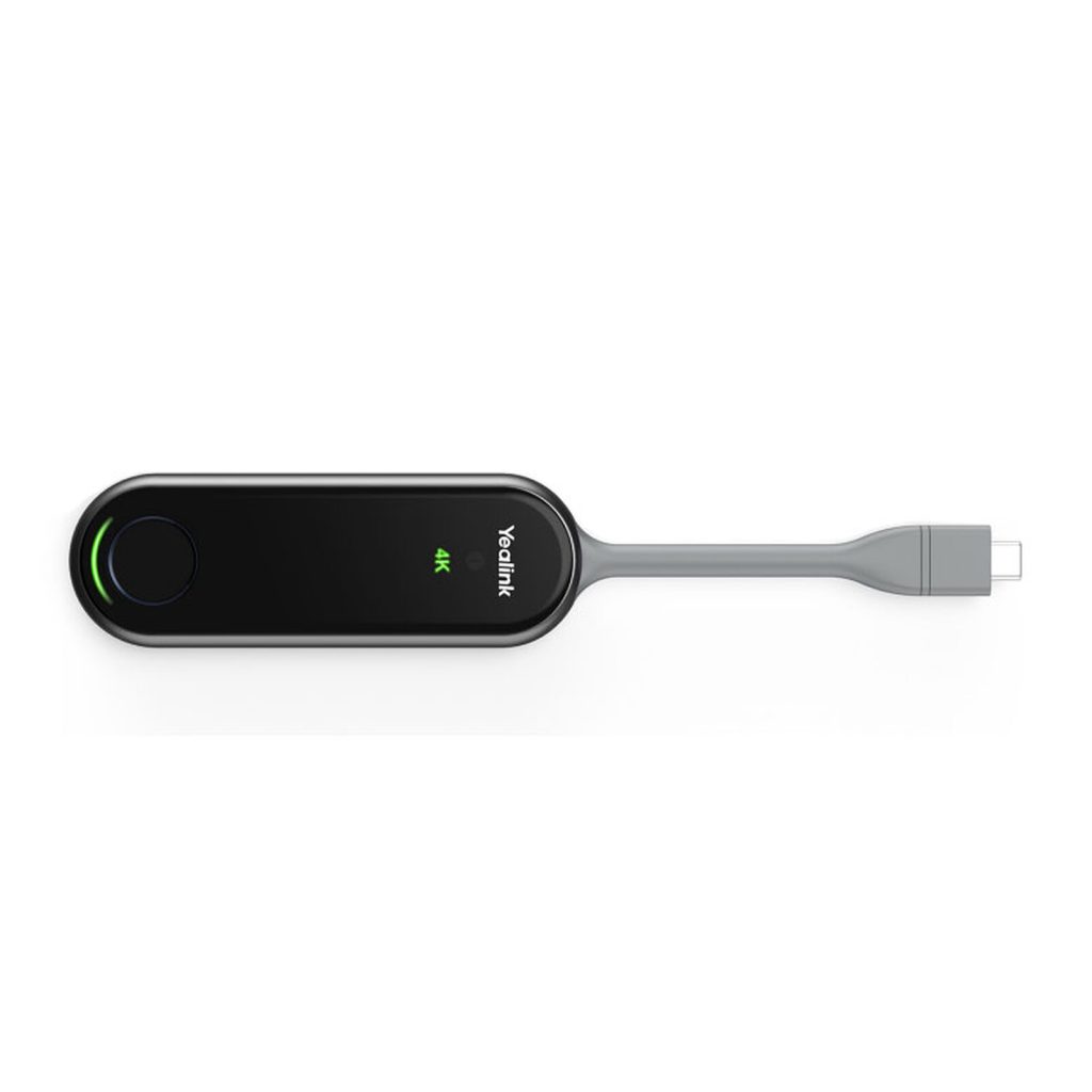 A black, oval-shaped Yealink device with "4K" text and a glowing green ring around a circular button on its left end, connected to a USB-C cable on its right.