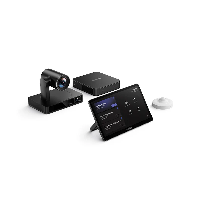 A complete Yealink Microsoft Teams Rooms system, including a UVC86 PTZ camera, MCore mini-PC, MTouch II touch panel, and a wireless microphone pod.