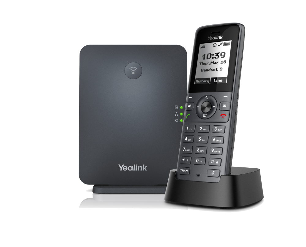 A Yealink W71P DECT IP phone system with a dark grey base station featuring a Wi-Fi symbol and status lights, and a black cordless handset in its charging cradle displaying the time, date, and call information, all set against a light grey background.