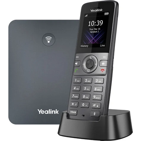 A Yealink W71P DECT IP phone system with a dark grey base station featuring a Wi-Fi symbol and a black cordless handset in its charging cradle displaying the time, date, and "Handset 2".