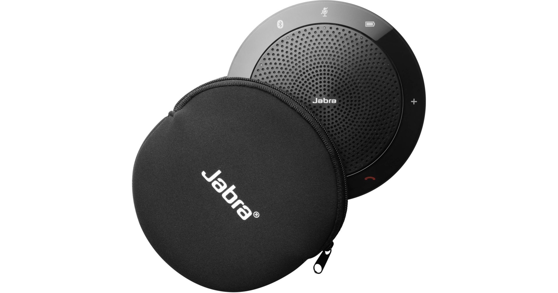 A Jabra Speak 510 UC speakerphone, a black, circular device with a perforated speaker grille and illuminated touch controls, positioned behind its matching black, zippered carrying case with the "Jabra" logo prominently displayed.