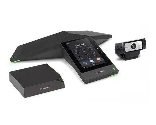A Polycom RealPresence Trio 8800 IP audio conference system is displayed, featuring a central dark gray conference phone with a touchscreen interface, a rectangular dark gray media hub on the left, and a web camera on the right, all against a white background.