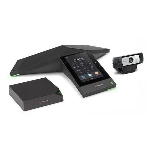 A Polycom RealPresence Trio 8800 IP audio conference system is displayed, featuring a central dark gray conference phone with a touchscreen interface, a rectangular dark gray media hub on the left, and a web camera on the right, all against a white background.