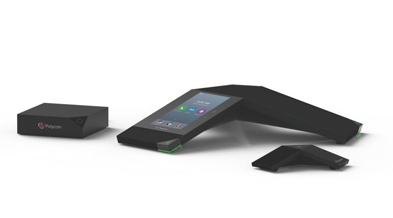 A Polycom video conferencing system set, featuring a dark gray, angular conference phone with a touchscreen display in the center, a rectangular media hub with the Polycom logo on the left, and a smaller, triangular expansion microphone on the right, all against a white background.