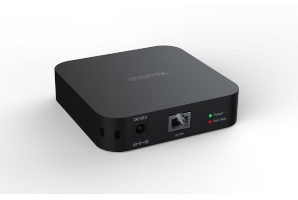 A square, black Yealink network hub is shown at a slight angle on a white background. On its front, there's a DC48V power input, an "Uplink" Ethernet port, and two small indicator lights for "Power" (green) and "PoE-Max" (red).