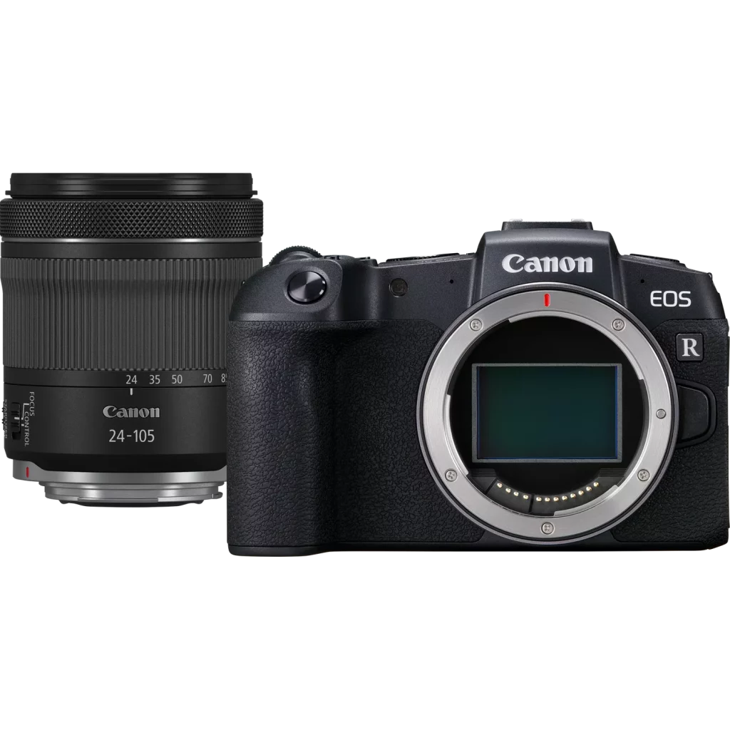 A studio product shot showing a black Canon EOS RP camera body and an RF 24-105mm F4-7.1 IS STM lens side-by-side on a black background. The camera is facing forward with its lens mount and sensor visible, while the lens is standing upright to its left.