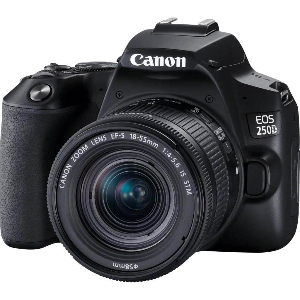 A studio shot of a black Canon EOS 250D DSLR camera with a Canon EF-S 18-55mm lens attached. The camera is angled slightly to the right, showcasing the lens and the "EOS 250D" branding on the side. The background is a solid black with a subtle vignette.