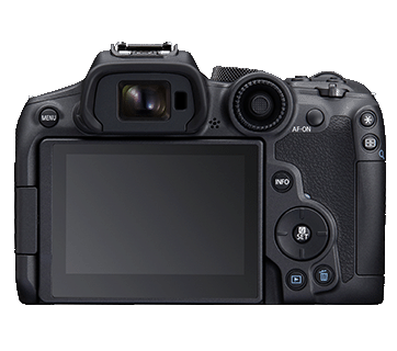 Canon EOS R7 mirrorless camera, back view, black body, with the vari-angle touch screen LCD and viewfinder visible.