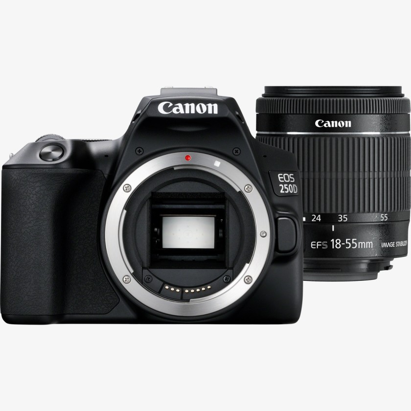 A product shot of a Canon EOS 250D camera and its kit lens on a white background. The camera body is on the left, with its lens mount exposed, and the lens is on the right, positioned slightly behind the camera.
