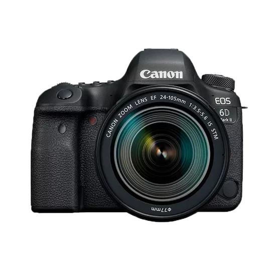 A product shot of a black Canon EOS 6D Mark II DSLR camera with a Canon EF 24-105mm lens attached. The camera is centered and facing forward, showcasing the lens and the "Canon" and "EOS 6D Mark II" branding. The background is a solid black with a subtle vignette.
