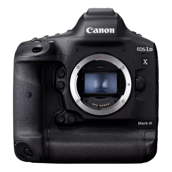 A close-up, centered product shot of the black Canon EOS 1D X Mark III professional DSLR camera, facing forward with no lens attached. The camera body is a solid, professional-grade chassis with an integrated vertical grip. The lens mount is visible in the center, showing the sensor and a metallic ring with electronic contacts. The Canon logo is on the top of the pentaprism, and "EOS-1D X Mark III" is printed to the right of the lens mount. The image is on a solid white background.