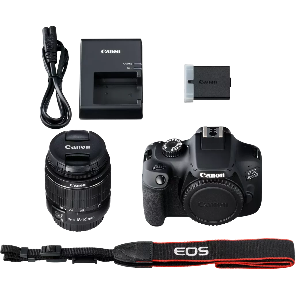 A flat lay of Canon camera equipment on a black background. The items are neatly arranged and connected by thin white lines, indicating they are a kit. From top to bottom, left to right, the items are: a Canon battery charger with a power cord, a Canon battery, a Canon EF-S 18-55mm lens with its cap on, a Canon EOS 4000D DSLR camera body with its lens cap on, and a black and red EOS branded camera strap.