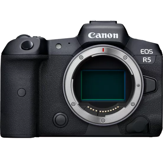 A front-on product shot of a black Canon EOS R5 mirrorless camera body against a gray background. The camera's lens mount is prominent, with the green image sensor visible inside.